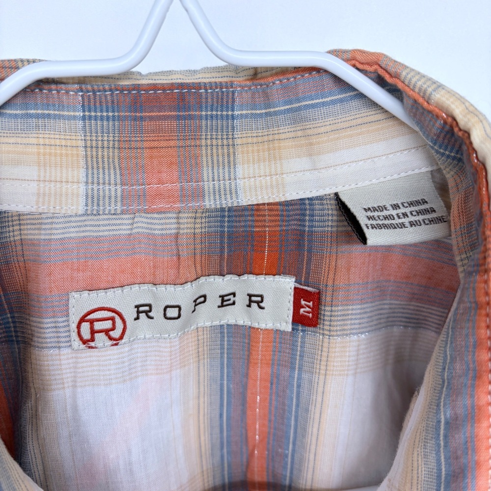 Roper Pearl Snap Western Shirt Men's Medium Plaid Orange White Rodeo Cowboy - Picture 5 of 6